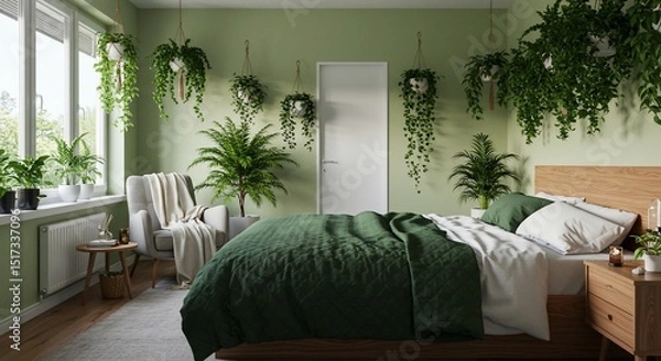 Fototapeta 緑豊かな寝室 心地よい空間 自然光たっぷり 癒しの植物