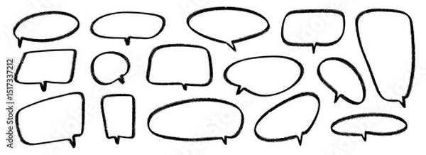 Obraz Hand drawn speech bubbles collection. Doodled marker dialog box set. Sketched textured comic talk frames. Round, square or rectangle balloon text box bundle. Vector felt tip pen chat box pack