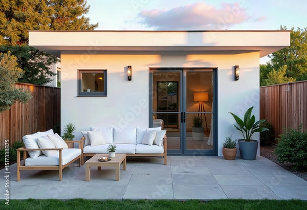 Fototapeta Design your modern living space with a sleek white modular unit opening onto a paved patio furnished with contemporary outdoor seating, perfect for a stylish backyard office, studio,