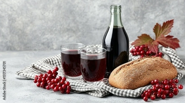 Fototapeta Dark red beverage, bread, and berries on a grey surface.