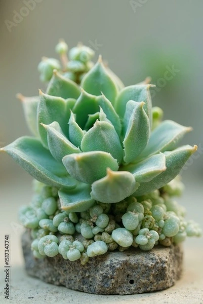 Fototapeta Green Succulent with Offsets on Rustic Grey Stone Background