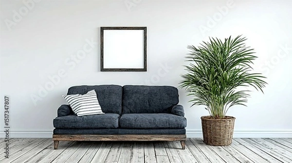 Obraz Dark gray couch and a houseplant in a light room.