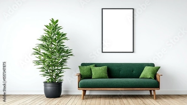 Obraz Empty frame, green couch, and plant in a modern living room.