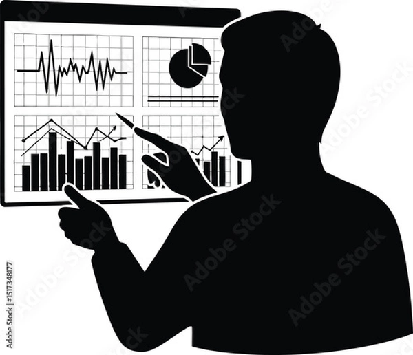 Obraz Businessman presenting financial data on a screen representing growth analysis and business strategy in a minimalist black and white style