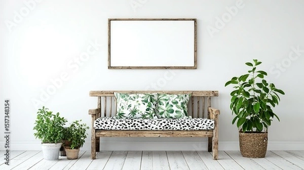 Obraz A wooden bench with patterned cushions and plants in a minimalist interior.