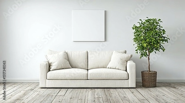 Obraz Empty living room with a white couch and a potted plant.