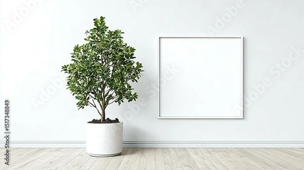 Obraz Empty frame and potted plant in a minimalist room.