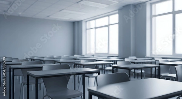 Fototapeta Empty Classroom with Rows of Desks and Bright Windows, Monochromatic Tones