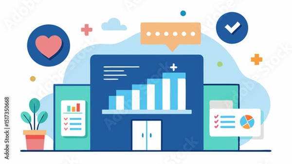 Obraz Community Health Insights An illustration of a community center with a digital board displaying aggregated health data trends and predictions for preventive measures.