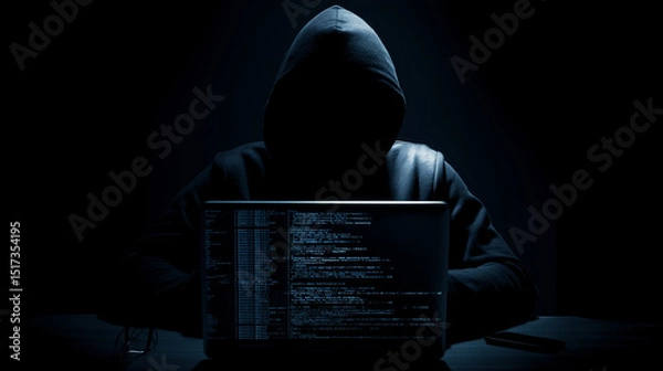 Fototapeta Hacker in a dark room programming malicious code on a computer screen with lines of data. 
