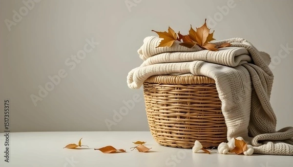 Obraz light-colored knit blankets in round basket, one draped over edge, with orange and brown leaves on light surface