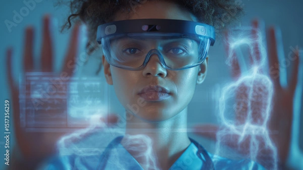 Fototapeta Female medical professional analyzing 3D human anatomy data through augmented reality interface. 
