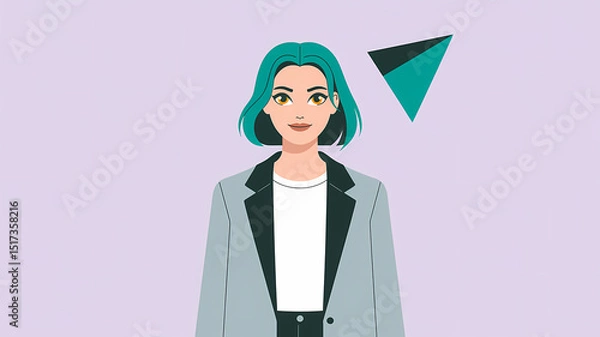 Fototapeta Minimalist Flat Design Portrait of Gen Y Woman with Vibrant Teal Hair and Golden Eyes Wearing Grey Blazer on Pale Lavender Background with Turquoise Triangle