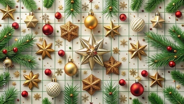 Obraz Festive Christmas Ornament Flat Lay on Tiled Surface