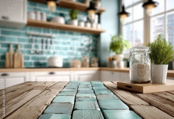 Fototapeta Empty wooden kitchen table with blurred background featuring white cabinets and blue tiles, ideal for product placement and showcasing culinary creations