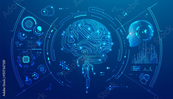 Fototapeta concept of robotics in neurosurgery or machine learning, graphic of AI brain with medical technology interface and artificial intelligence assistance