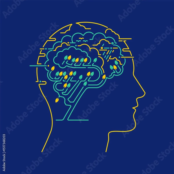 Fototapeta concept of eco-friendly brain thinking or mental health, graphic of human brain combined with ecology elements