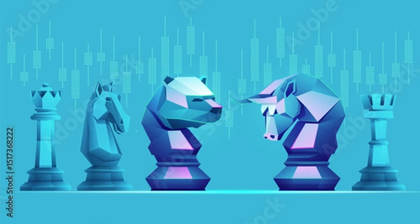 Fototapeta concept of stock market business strategy, graphic of bull chess piece and bear chess piece with stock market element