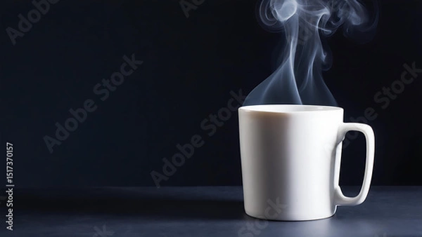 Fototapeta White Mug with Fluffy Cloud of Steam Against Dark Background
