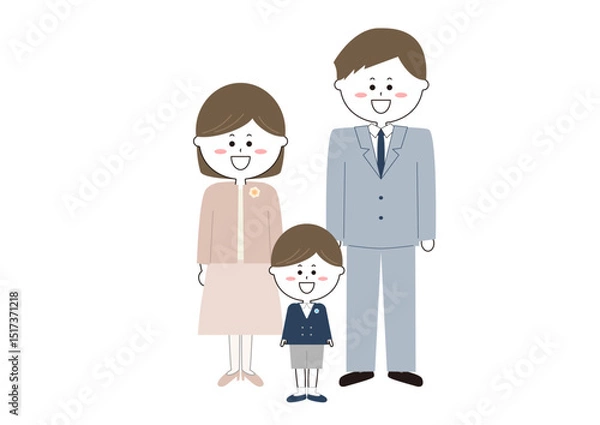 Fototapeta 小学校入学式に行く父母と男の子のイラスト