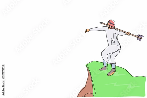 Fototapeta Single continuous line drawing strong Arabian businessman throwing rising up arrow to achieve goal. Business growth, success and improvement concept. One line draw graphic design vector illustration