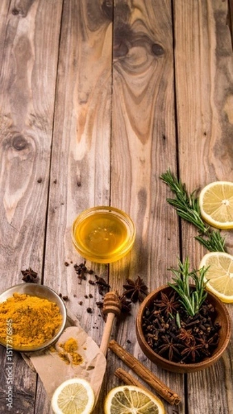 Fototapeta Rustic background with honey, spices, and herbs