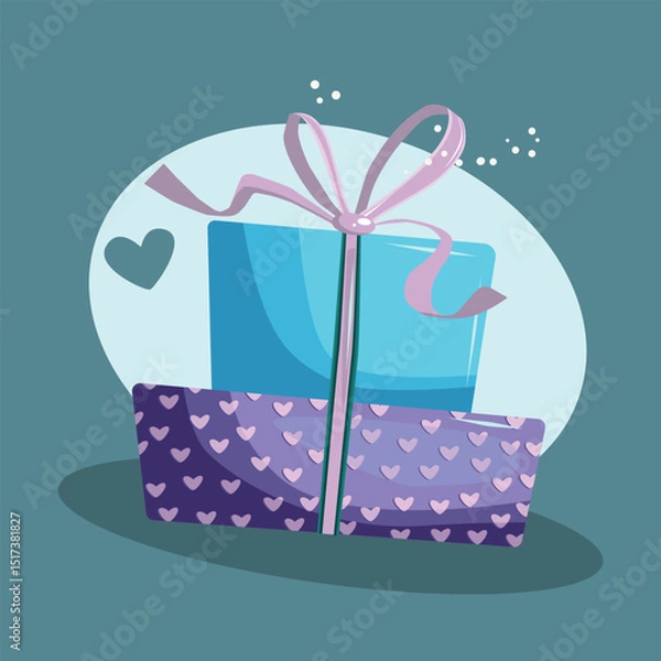 Fototapeta Two beautifully wrapped gift boxes with heart patterns and a pink ribbon bow, set against a blue background. Perfect for celebrations, love, and special occasions.