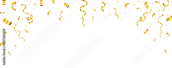 Fototapeta Confetti and ribbons falling on transparent background for celebration and party design elements. Realistic golden confetti isolated vector illustration