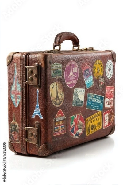 Obraz A brown suitcase with many stickers on it