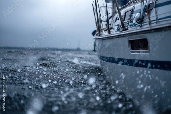 Obraz A boat is in the water with rain falling on it