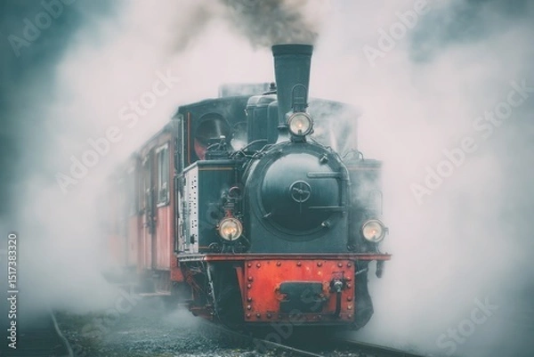 Obraz A steam train is traveling down the tracks, leaving a trail of smoke in its wake