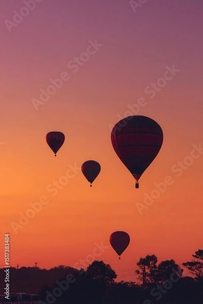 Obraz Four hot air balloons are flying in the sky at sunset