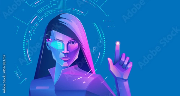 Fototapeta concept of VR; virtual reality technology or augmented reality gaming, graphic of futuristic girl with vr glasses using interface