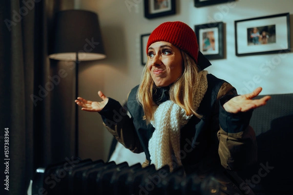 Fototapeta Woman Puzzled Because Electric Heater Is Not Working. Home owner feeling worried about lack of heat in the home 
