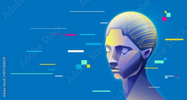 Fototapeta graphic of AI artificial intelligence head presented in cyberpunk vivid colour 