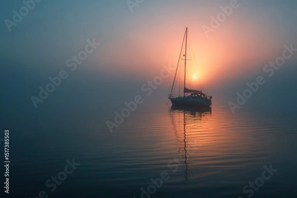 Obraz A boat is floating on a calm lake at sunset