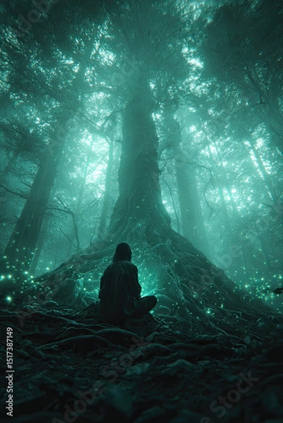 Fototapeta Person sits alone under giant glowing tree in mystical foggy forest, feeling enchanted