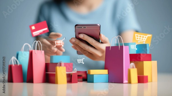Obraz スマートフォンでネットショッピングを楽しむ女性と買い物袋のイラスト