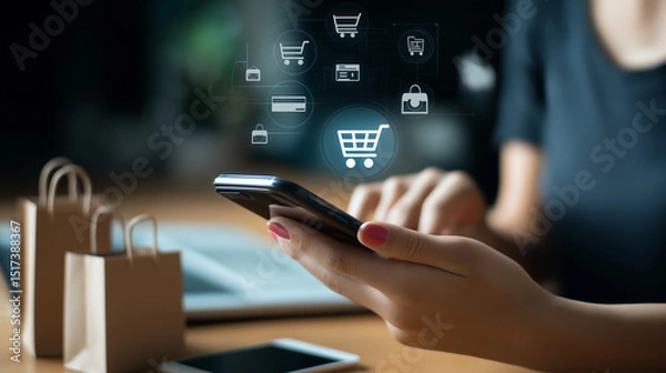 Obraz スマートフォンでネットショッピングを楽しむ女性と買い物袋のイラスト