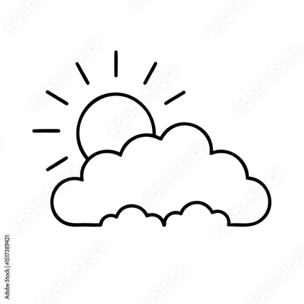 Fototapeta Simple line art illustration of sun shining behind a cloud in black and white