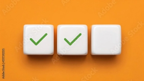 Fototapeta Security researchers risk monitor. Three buttons with green checkmarks on an orange background, symbolizing confirmation or approval.