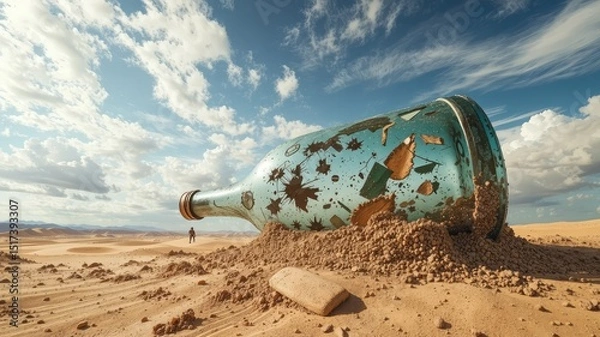 Obraz Abandoned Giant Glass Bottle in Desert Sand under Dramatic Sky