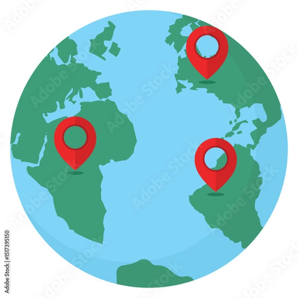 Obraz Planet earth with red pointers icon isolated on white background.