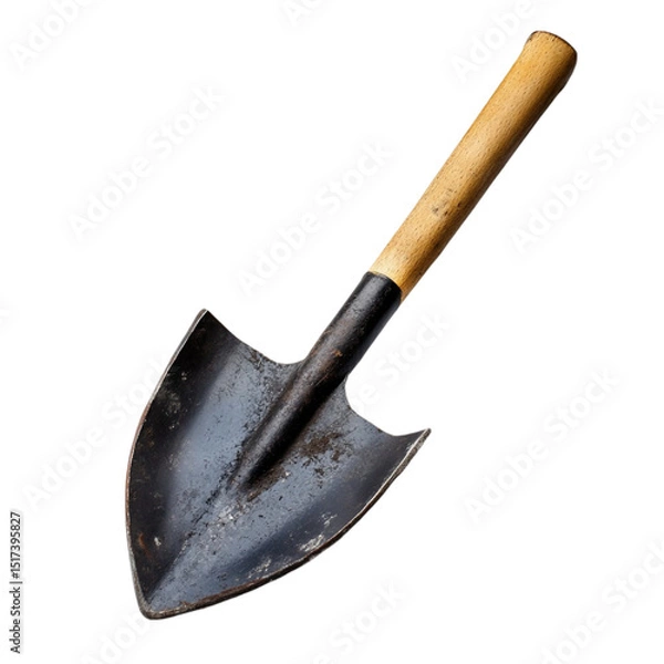 Obraz Old weathered shovel with wooden handle isolated on white background