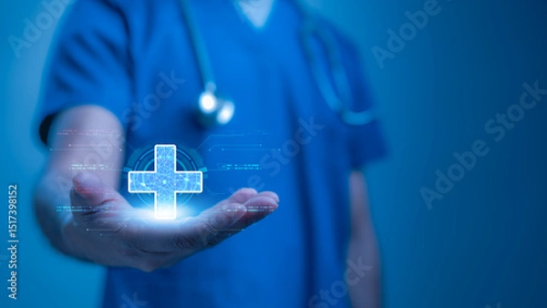 Obraz Futuristic Digital Health Platform Medical Professionals Hand Displays Glowing Medical Symbol, With Stethoscope And Serene Background, Showcasing Advanced Healthcare