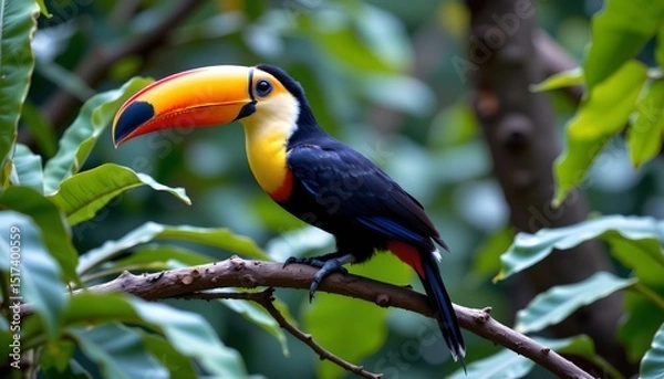 Fototapeta an image of a vibrant parrot perched confidently on a branch in a lush outdoor setting with trees in the background