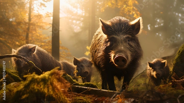 Fototapeta Group of boars running in the forest river with setting sun.