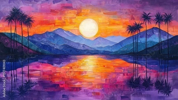 Obraz Vibrant sunset over a tranquil lake, with mountains reflected in the water.