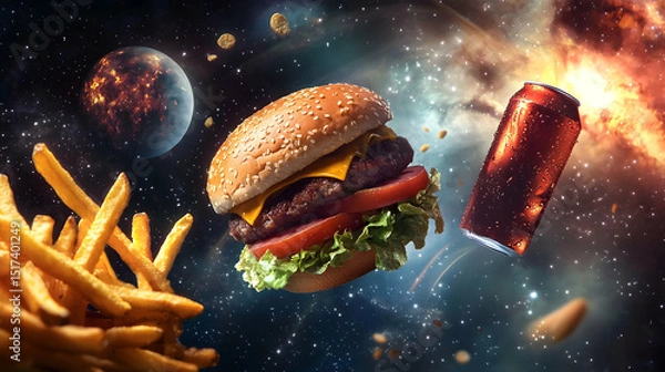 Fototapeta Delicious fast food—hamburger, fries, and soda can—drifting in zero gravity against a cosmic backdrop of glowing stars and nebulae, surreal space food concept, perfect for stock photography.