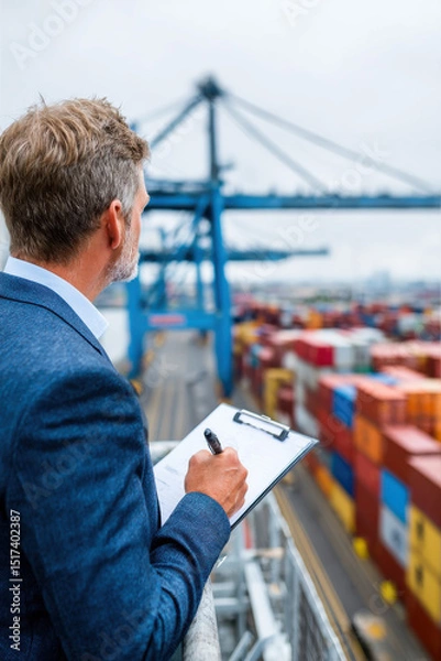 Obraz Businessman assessing risky and sanctioned cargo symbolizing customs law, import-export compliance, smuggling dangers, and financial consequences
